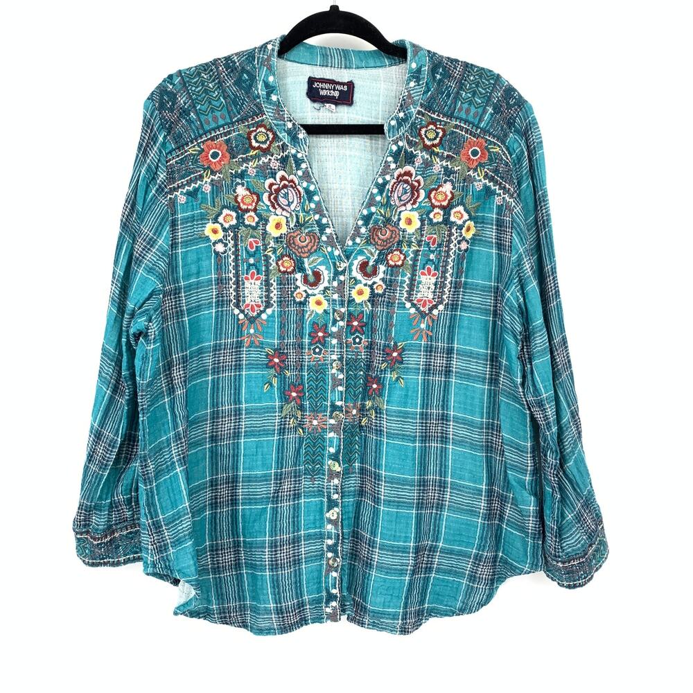 Johnny Was Workshop Split Neck Top XL Embroidered Turquoise Plaid Cotton Floral